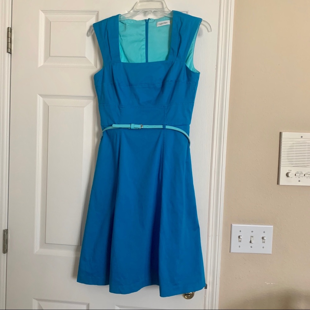 Calvin Klein A-line Square neck turquoise dress